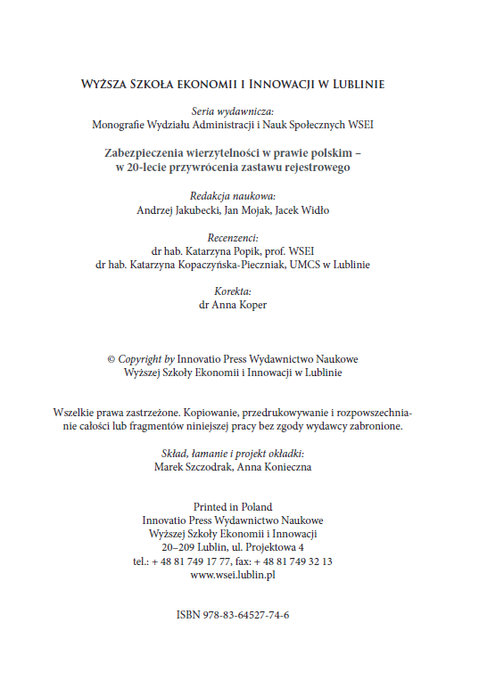 ZABEZPIECZENIA WIERZYTELNOŚCI W PRAWIE POLSKIM. W 20-LECIE PRZYWRÓCENIA ZASTAWU REJESTROWEGO - obrazek 3